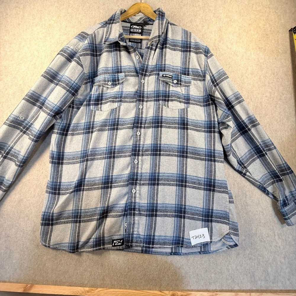 Factory Effex Yamaha Licensed Mens 2XL Blue Plaid Flannel Button Up Shirt